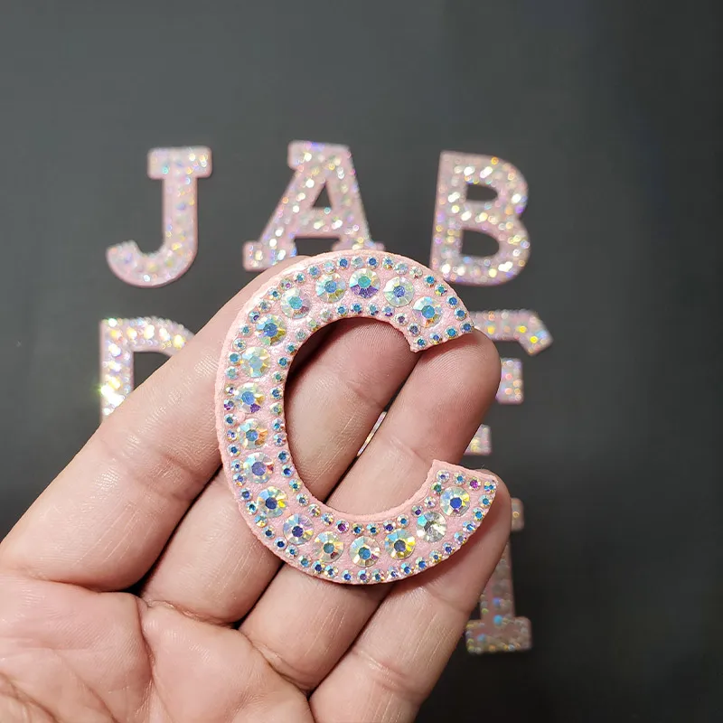 Pink A-Z Letter Rhinestone Alphabet Applique 3D Iron On Patch Clothing Badge Apparel Clothes Bag Shoe Garment Embroidery Patches