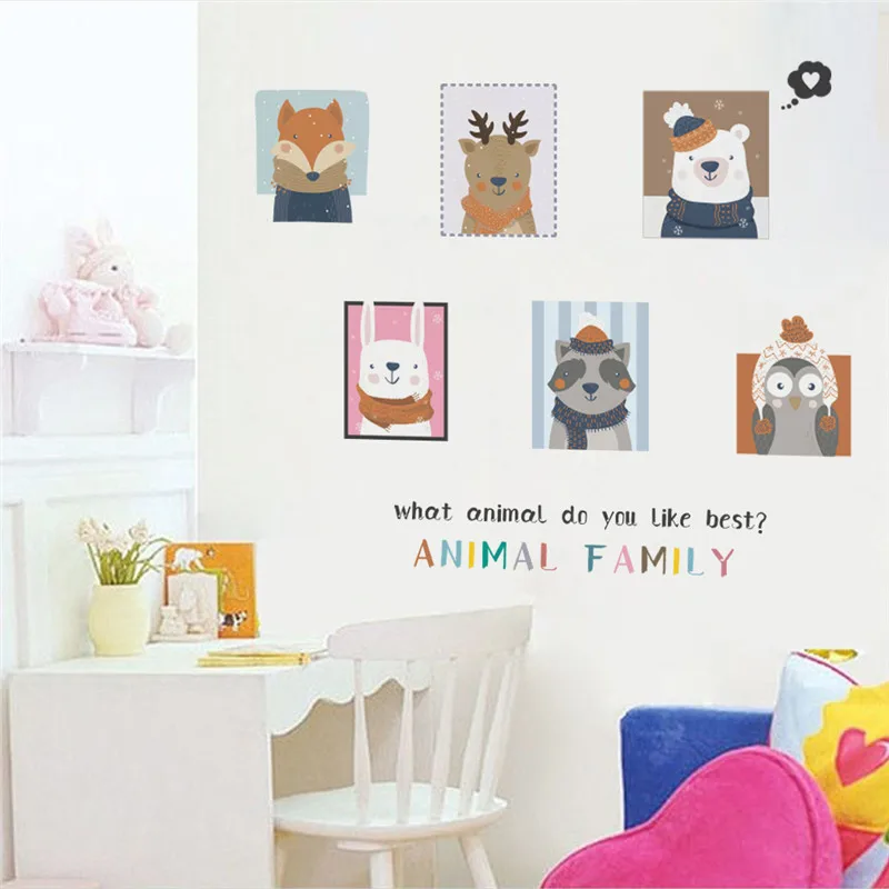 Funny Animal Portrait Wall Art Sticker For Office Shop Cinema Kids Room Home Decoration Cartoon Safari Mural Art Diy Pvc Decal