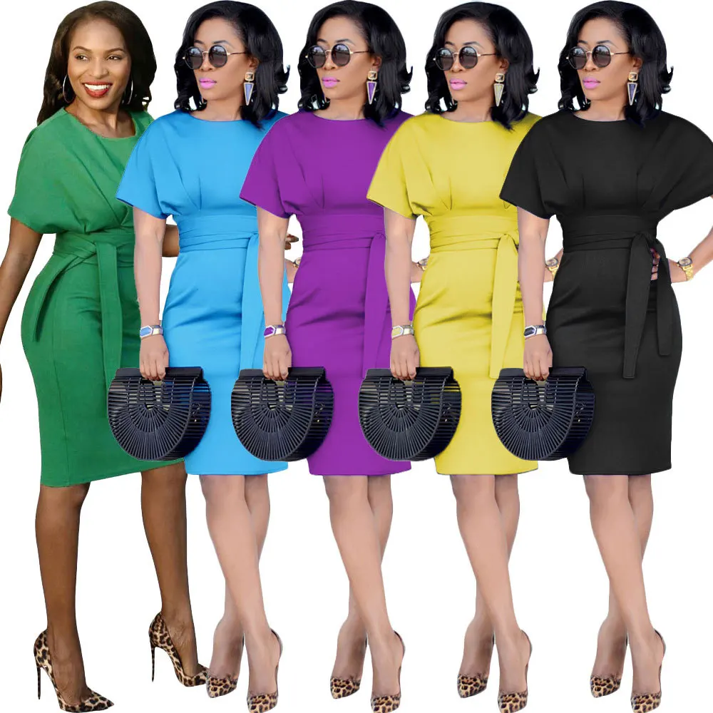 

Women Loose Casual Pencil Vestidos Female 2021 New Summer Short Sleeve Knee-length Elegant Belt Midi Office Dresses