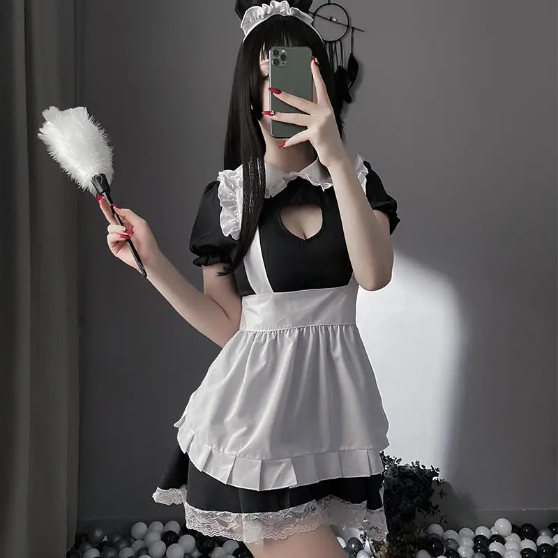 Uniforme tentación pasión muñeca Collar plisado encaje traje de sirvienta Cosplay dulce encaje corazón hueco lencería Sexy traje de Cosplay