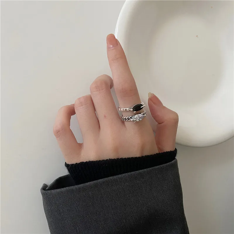 

New Real 925 Sterling Silver Double Layer Ring Woman Accessories Black White Rhinestone Women Rings Finger Fine Jewelry 2022