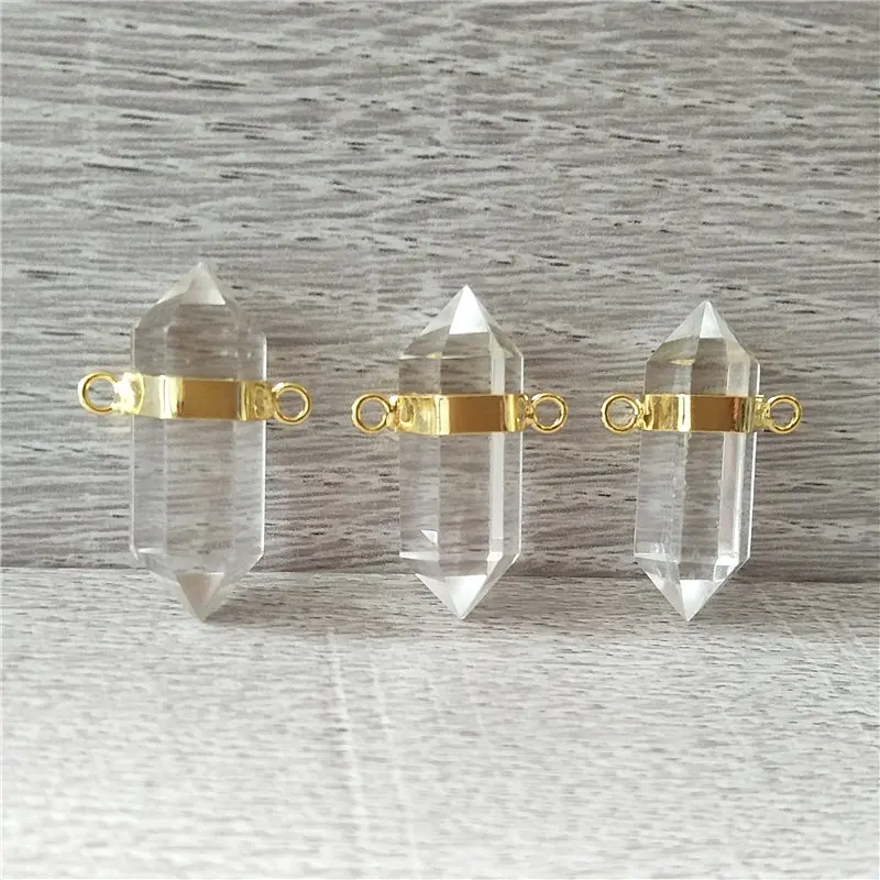 Imagem -03 - Fuwo-natural Crystal Quartz Ponto Pingente Dourado Double Bail Pedra de Cura Acessórios para Fazer Colar Pd379 Atacado Pcs