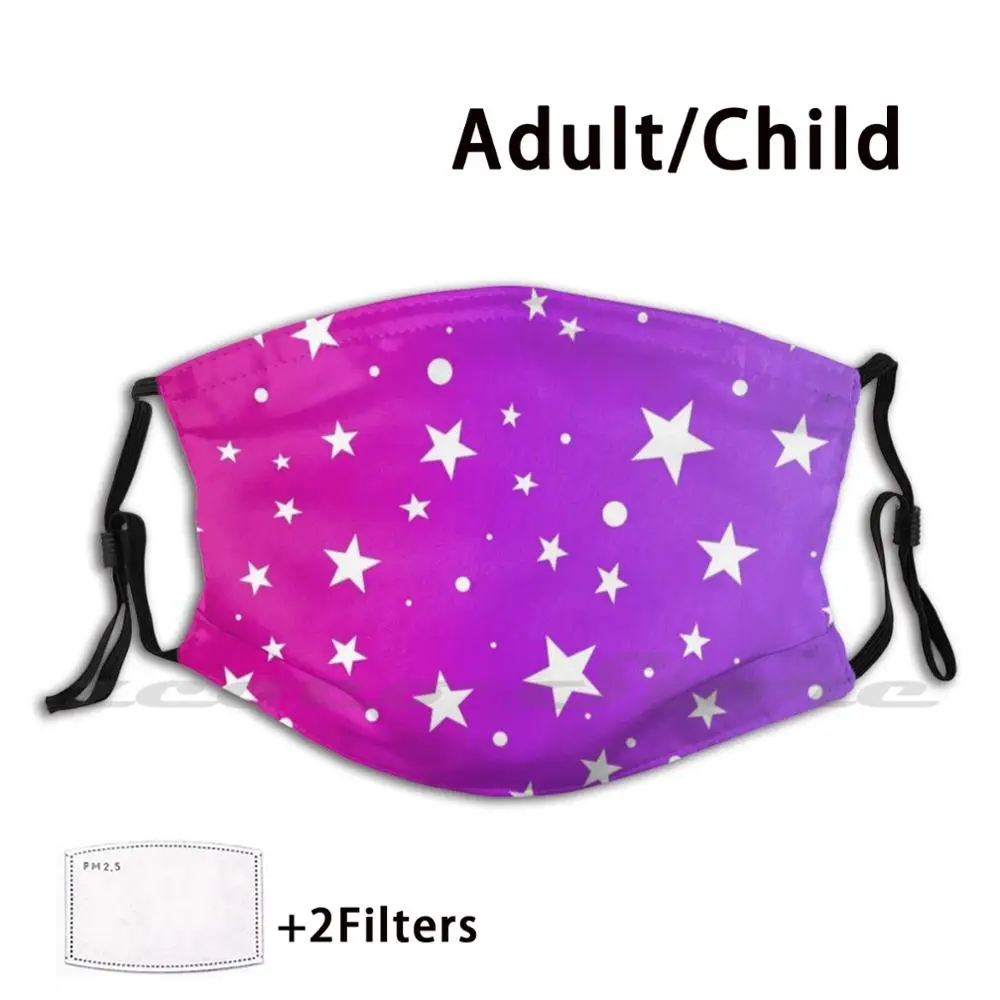 

White Stars On Pink Purple Violet. Cute Pattern Of Asterisks. Great Design For A Birthday Present! Mask Cloth Reusable Print