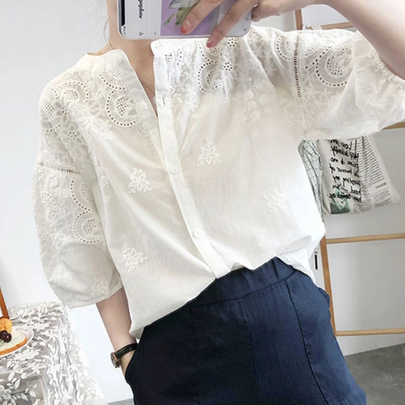 Women Solid Shirts Blouses Casual Summer Korean Tops Vintage Long Sleeves Shirts Blusas Mujer