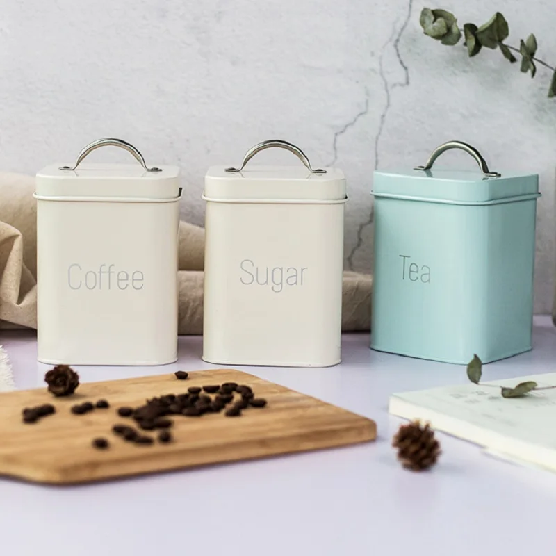 3Pcs/Set 10.6*10.6*14cm Creamy-white Cyan-blue Square Sealed Jar Coffee Pot Tea Caddy Sugar Bowl Milk Powder Can Moisture-proof