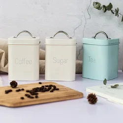 3Pcs/Set 10.6*10.6*14cm Creamy-white Cyan-blue Square Sealed Jar Coffee Pot Tea Caddy Sugar Bowl Milk Powder Can Moisture-proof