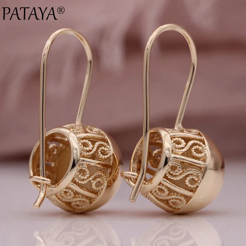 PATAYA New Hollow Spherical Long Earrings Women Glossy Dangle Earrings 585 Rose Gold Color Wedding Unique Fine Fashion Jewelry