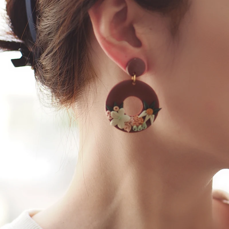 Handmade Beige Pink Polymer Clay Earring Sets with Detailed Flowers Multi Colors Hoop Pendant Dangle Women\'s Jewelry Gift for Pa