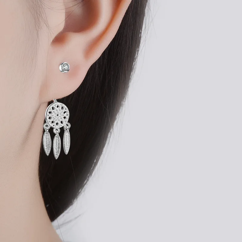 New Arrivals Fashion Hanging Feathers Dreamcatcher Earrings 925 Silver Stud Earrings For Women Fine Jewelry