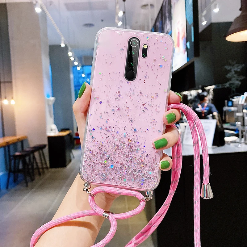 Ultra-thin Bling Glitter Lanyard Silicone Phone Case For Xiaomi Redmi Note 13 12 11 10 9 8 Mi 14 Pro Luxury Necklace Strap Funda