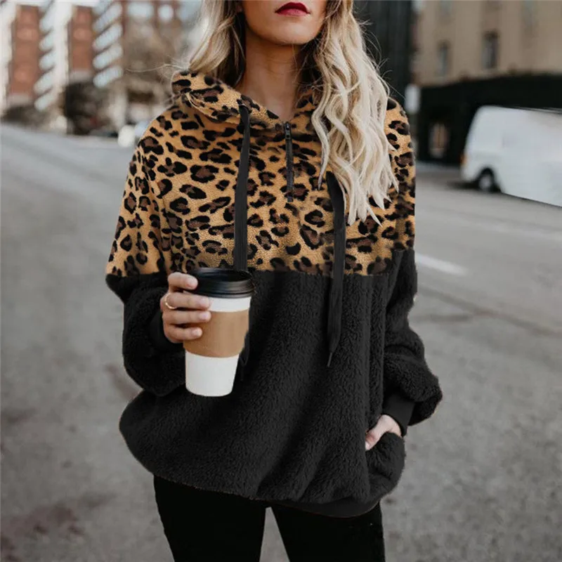 

Casual Loose Plush Leopard Patchwork Hoodies Women Zipper Tops Long Sleeve Drawstring Hooded Warm Sweatshirt With Pockets Autumn