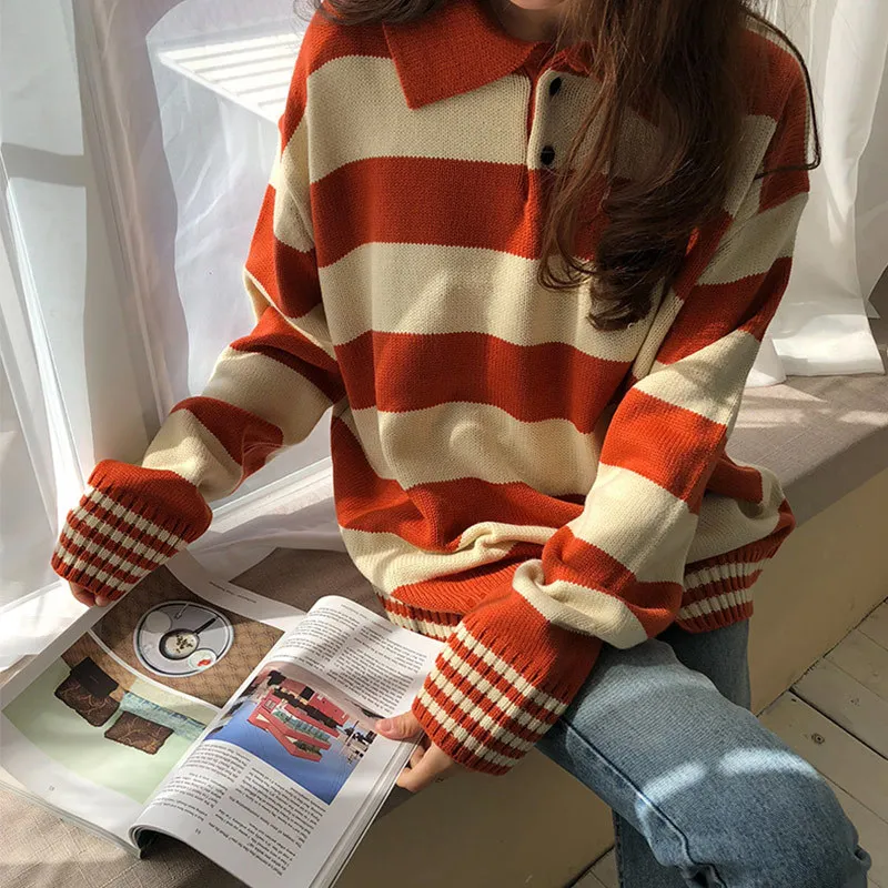 Harajuku Striped Hit Color Women Kintted Sweater Long Sleeve Casual Loose Female Pullover Top 2019 Spring Autumn Female Jumper