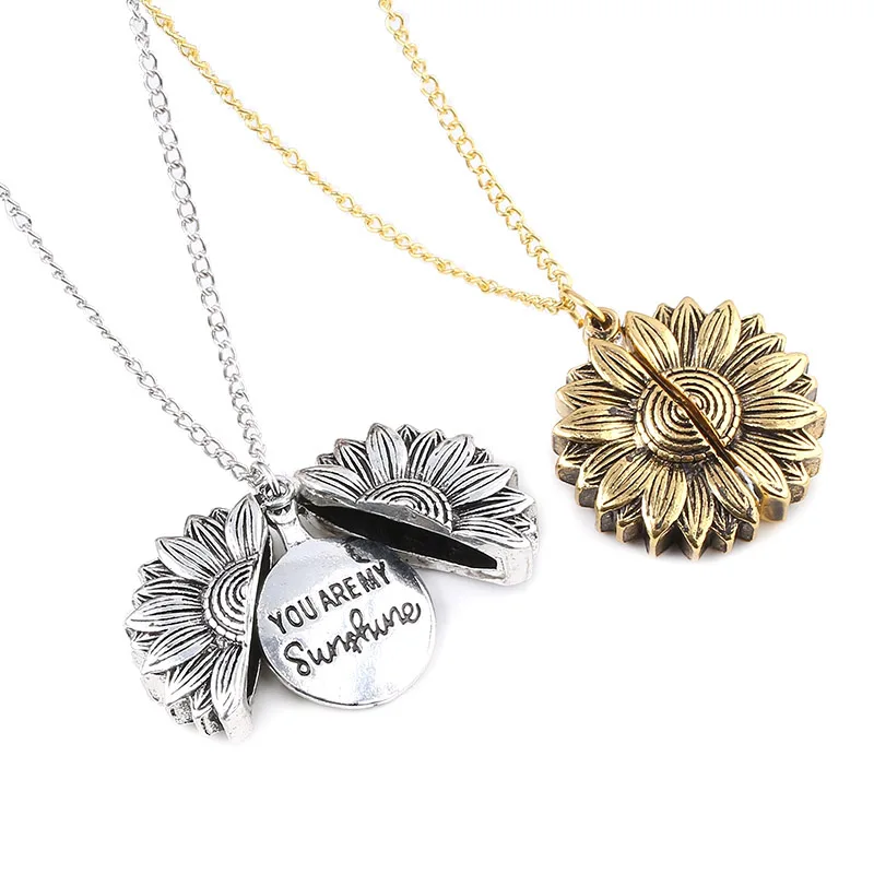 Sunflower Woman Necklace You are my sunshine Open Locket Double-layer Engraved Letter Pendant Necklace Jewelry