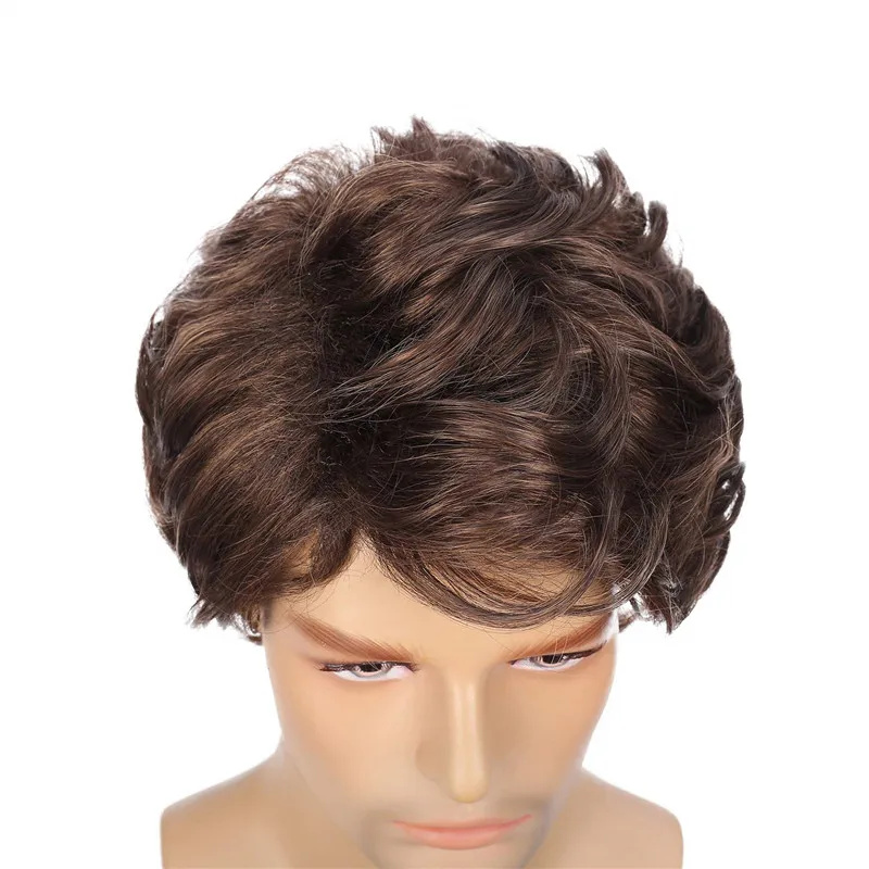 Mens Brown Short Wavy Synthetic Wig Shaggy Style Layered Cosplay Daily Male Wig Heat Resistant Fiber