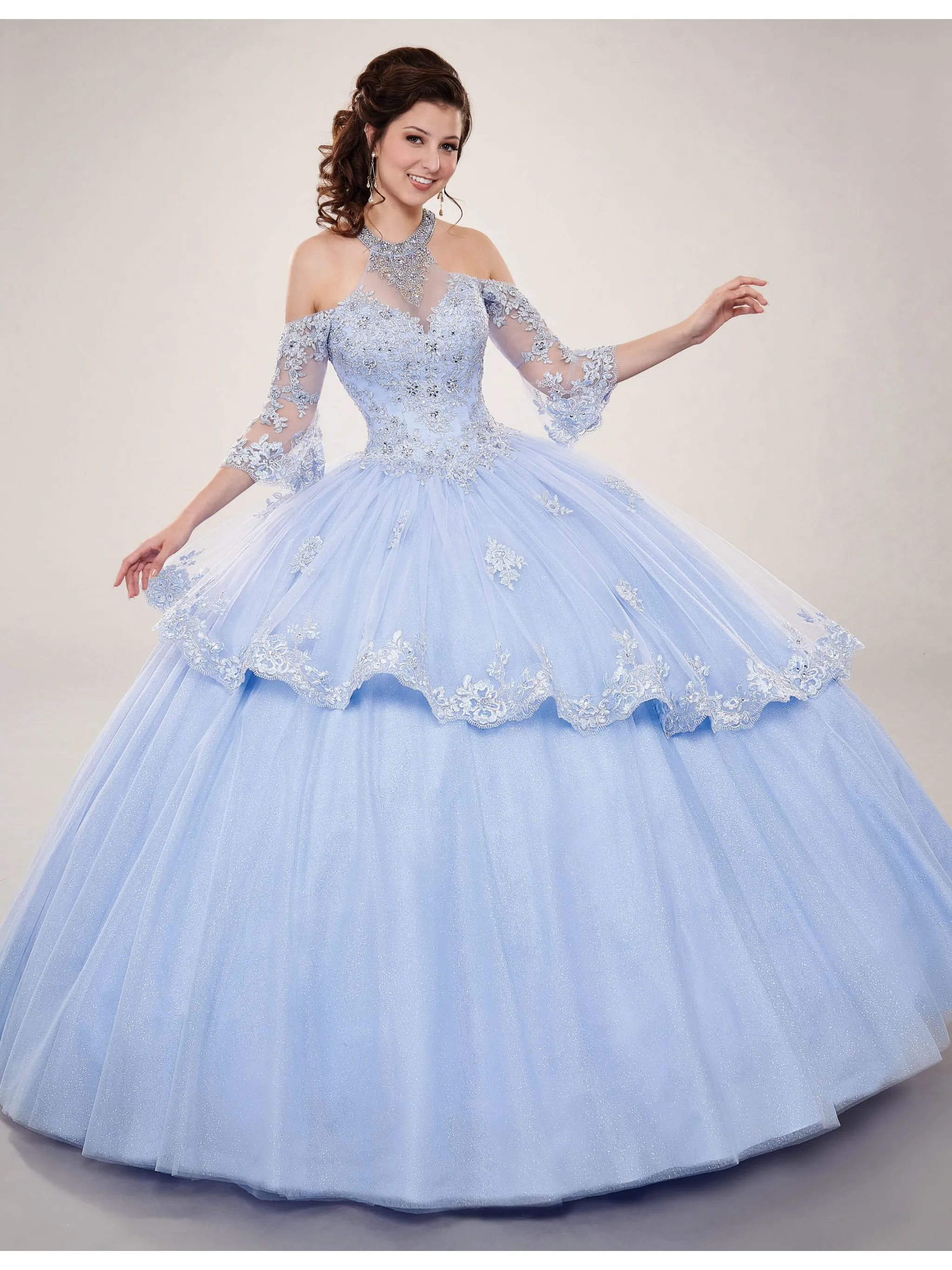 CloverBridal 레이스 appiques ¾ Sleeves Quinceanera 가운 스파클링 Tulle vestidos de 15 años 2021 vestido quinceanera 15 WQ9821