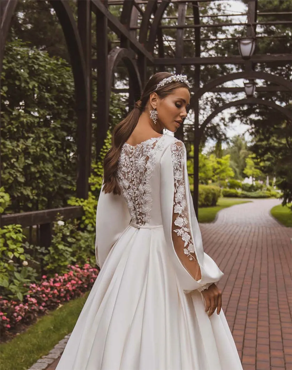 Vestidos de novia de encaje de satén con corte en A, bohemios, mangas largas abullonadas, vestido de novia con apliques de botones, vestidos de fiesta de boda de princesa de talla grande