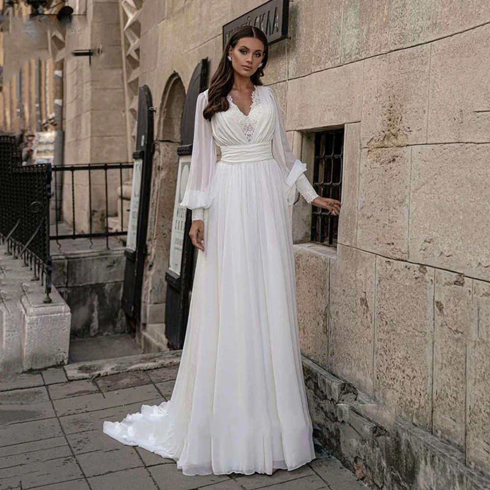 

Elegance Chiffon Wedding Dresses 2023 Sashes V-Neck Boho Garden Pleat Puff Sleeve Backless A-Line Bridal Gowns Vestidos De Novia