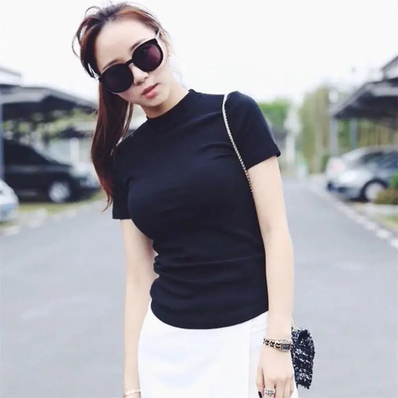 Woman TShirts Crop Top Spring Summer Slim-Fit Short-Sleeved T-shirt Women's Half Turtleneck Tight Top Mujer Camisetas
