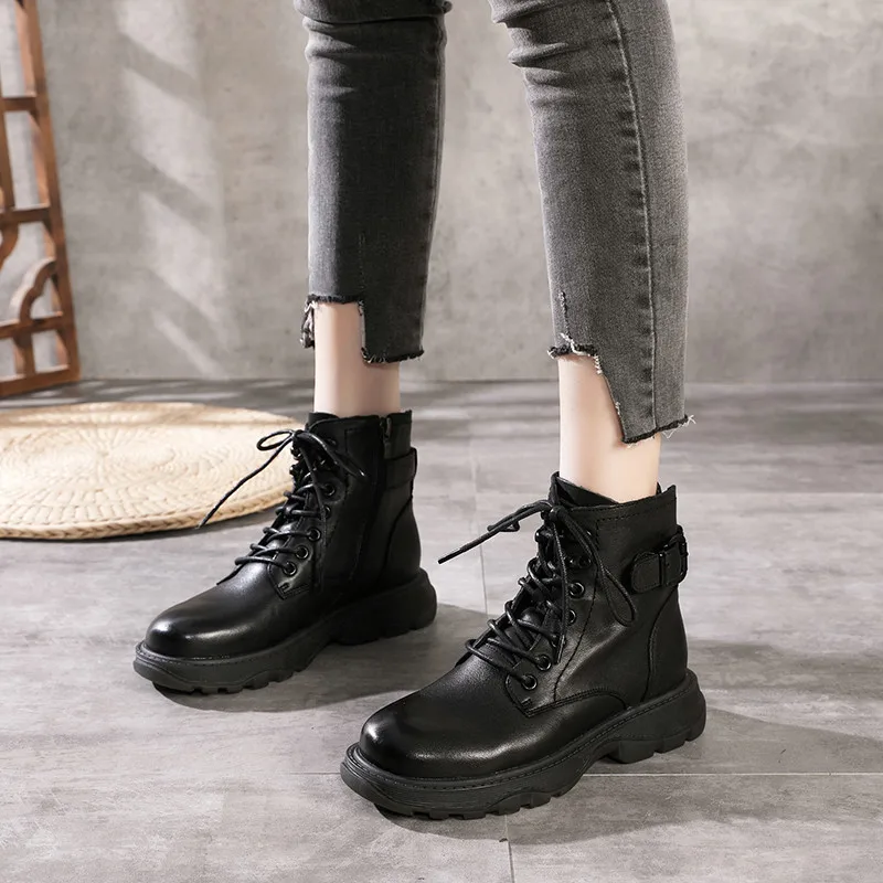 Ladies Lace Up Boots Women Round Toe Side Zipper Buckle Design Winter Genuine Leather Ankle Boots