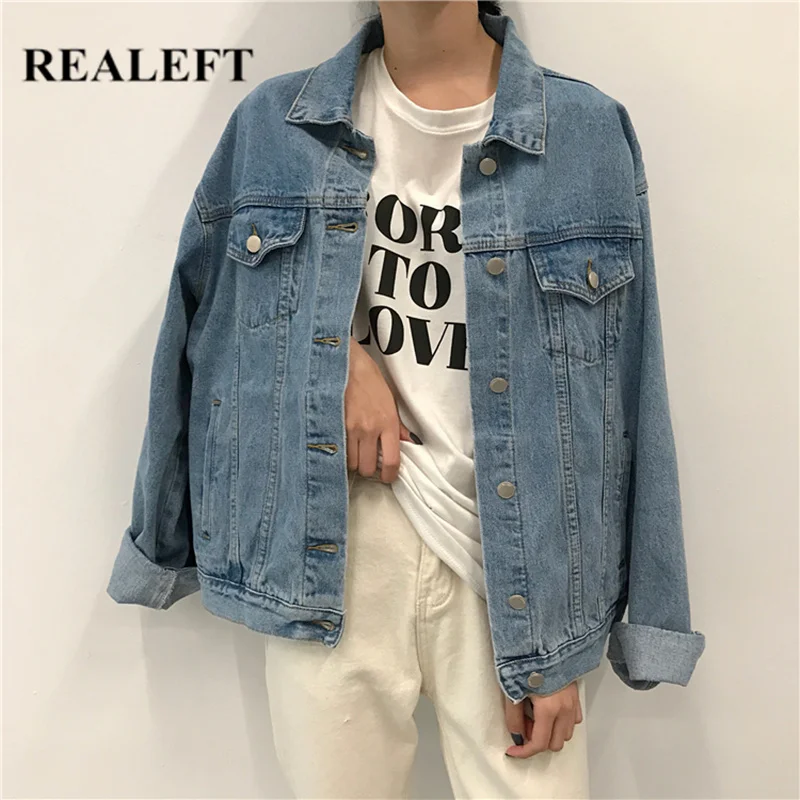 

REALEFT New 2020 Autumn Winter Women's Denim Jacket Outerwear High Street Fashionable Korean Style Chic Jeans Tops Female