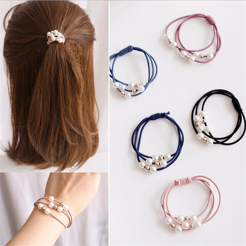 

New Women Girls Basic Knot Pearls Elastic Hair Bands Scrunchies Ponytail Holder Headbands Hair Accessories Set