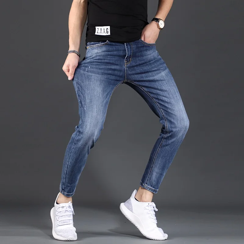 Men Stretch Blue Jeans Summer Thin Slim Fit Ankle-Length Pencil Pants Fashion Korean Style Pure Color Denim Trousers