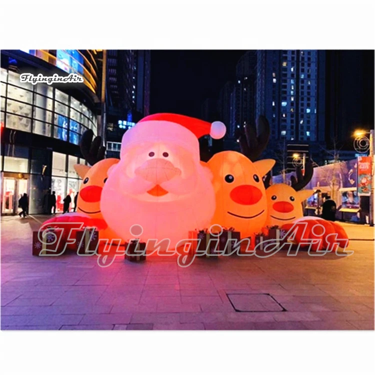 Winter Outdoor Christmas Decorative 4m Length Lighting Inflatable Santa Balloon With Reindeers For Shopping Mall Decoration