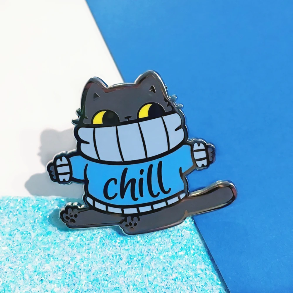 Chill Cat Hard Enamel Pin Cute Cartoon Animal Blue Sweater Fat Kitty Badge Brooch Jewelry Fashion Lapel Backpack Hat Pins Decor