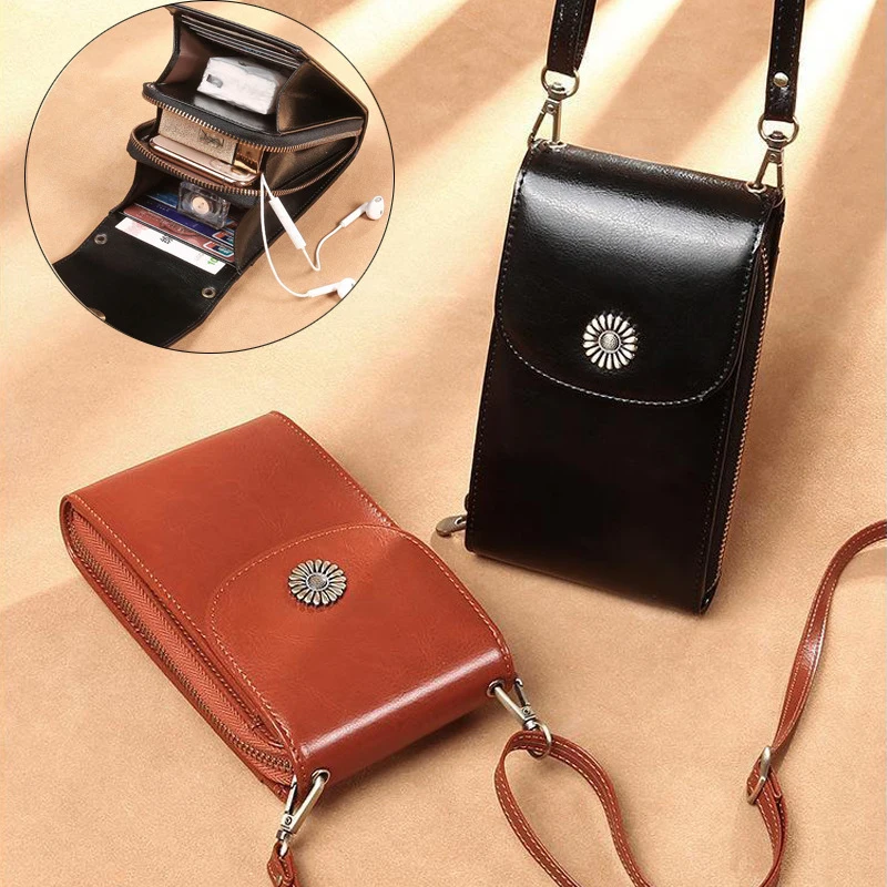 Oil Genuine Leather Small Crossbody Wallets for Women Card Holder Multi Zipper Pocket Cell Phone Purse Ladies Sholder Bag