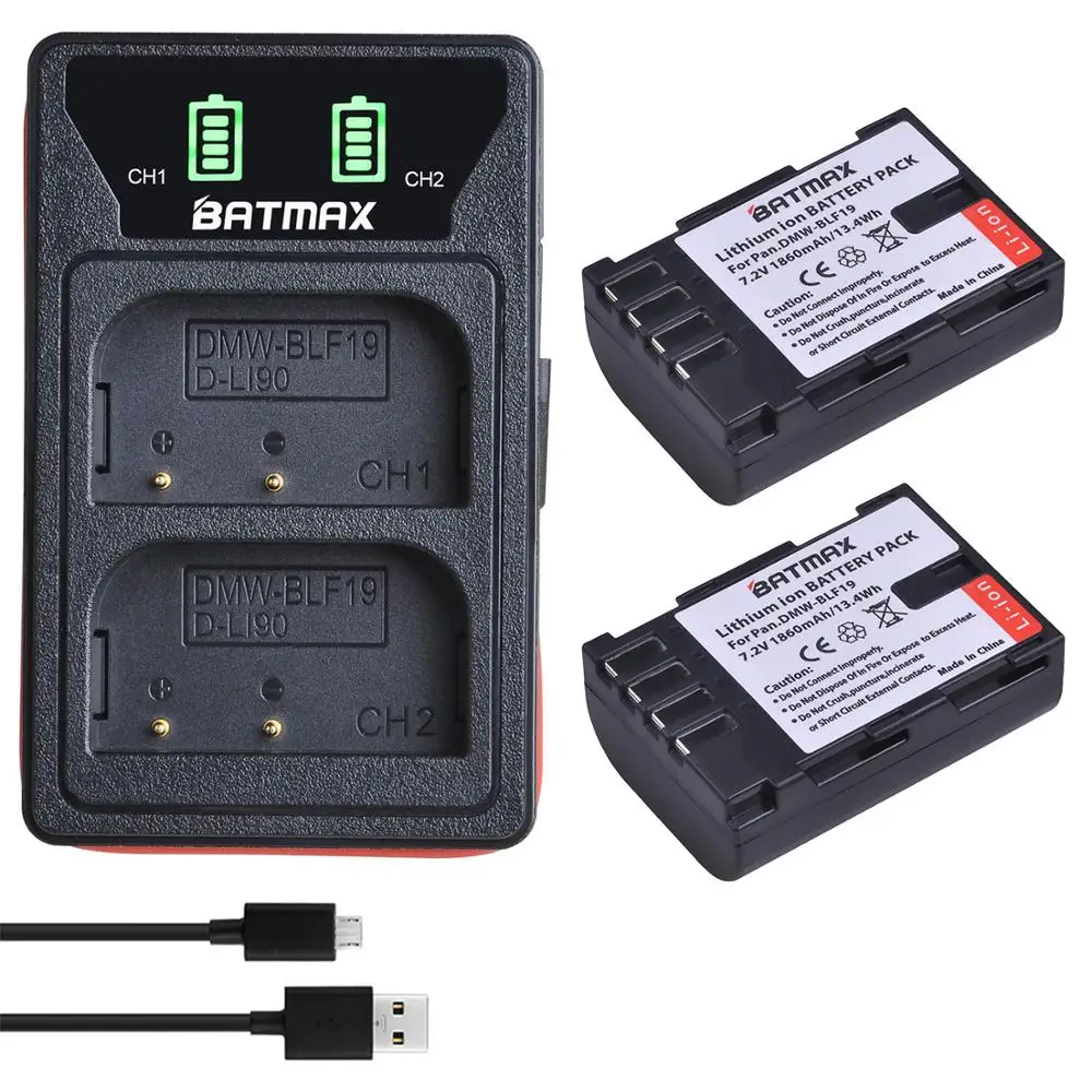 1860mAh DMW-BLF19E DMW-BLF19 Camera Battery + LED Dual USB Charger with Type C Port for Panasonic Lumix GH3 GH4 GH5