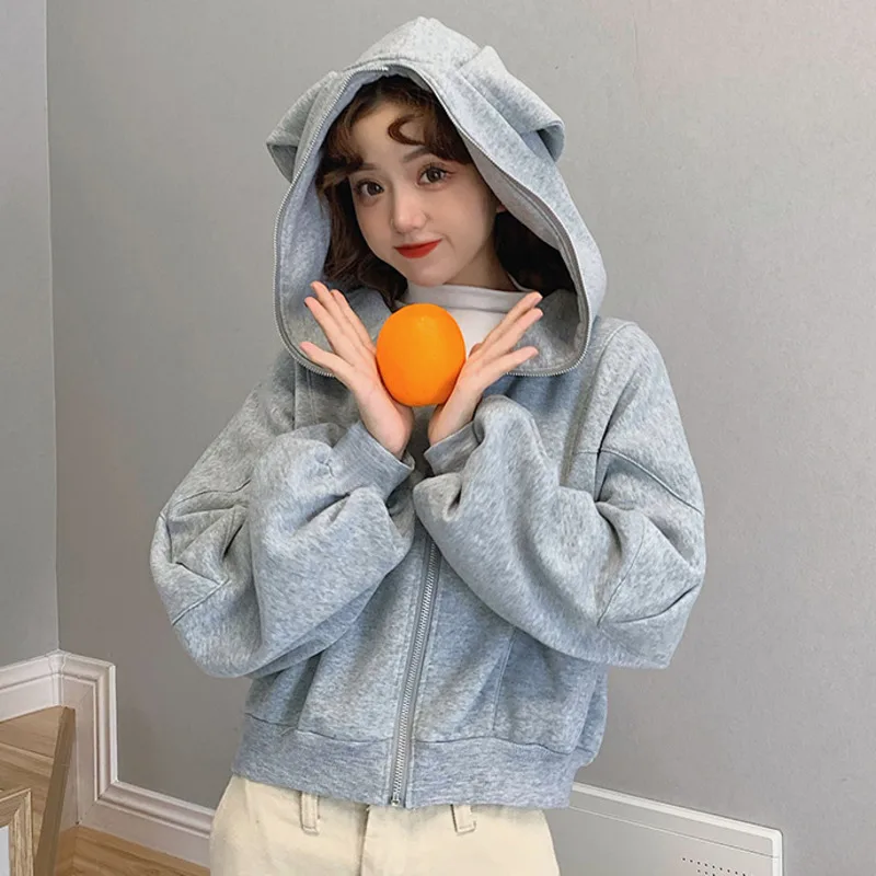 2024 Spring Autumn Kawaii Style Women Hoodies Funny Rabbit Long Ears Hooded Sweatshirt Long Sleeve Casual Zip Up Short Hoodie