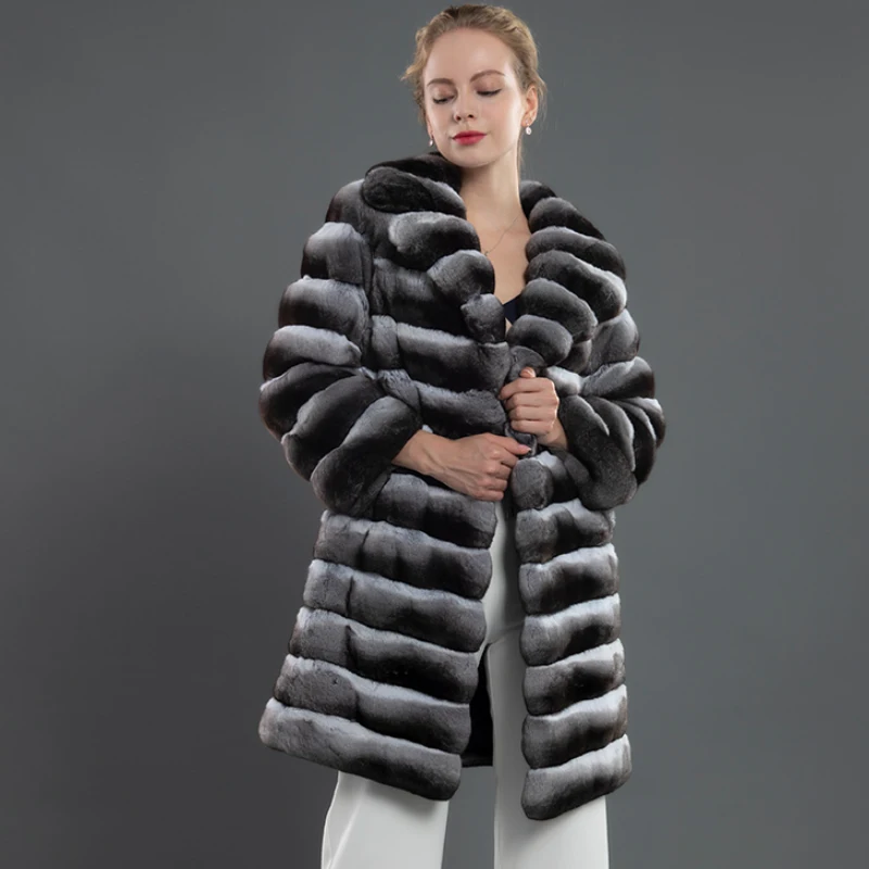 Delighting Fur Coat Women Natural Rex Rabbit Fur Jacket Winter Outwear Fashion Suit Collar Overcoat 85 cm Long