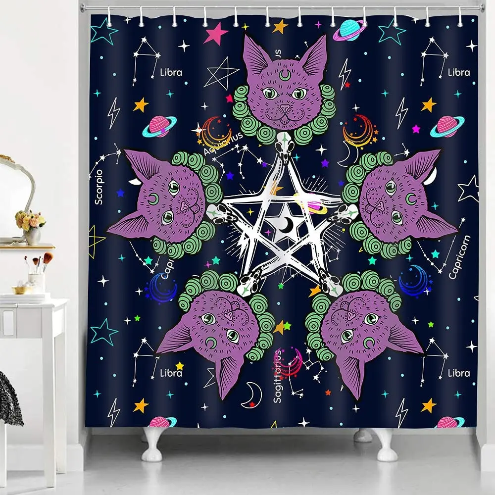 

Занавеска для душа Таро гадания созвездия акварель египетский кот Солнце Луна Планетарная Вселенная черная галактика декор для ванной ком...