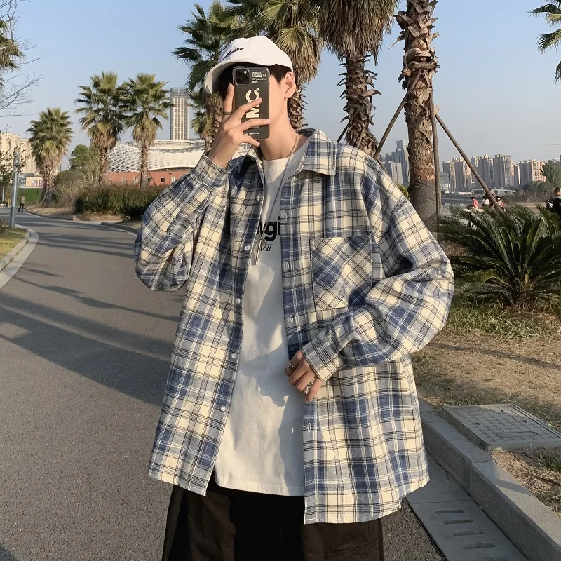 

Streetwear Spring Autumn Plaid Shirts Men Long Sleeve Men Casual Shirt Korean Shirts Male Fashion Shirt Pockets Sunproof Men
