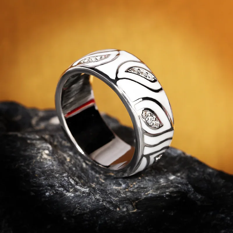 925 Silver White Leaves Sparkling CZ Jewelry Ring Set Fine Jewelry Handmade Enamel Jewelry for Women