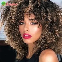 Peruca brasileira de cachecol encaracolado para mulheres, peruca completa de máquina com franja, estilo encaracolado, gengibre, marrom, loiro, cabelo humano 100%