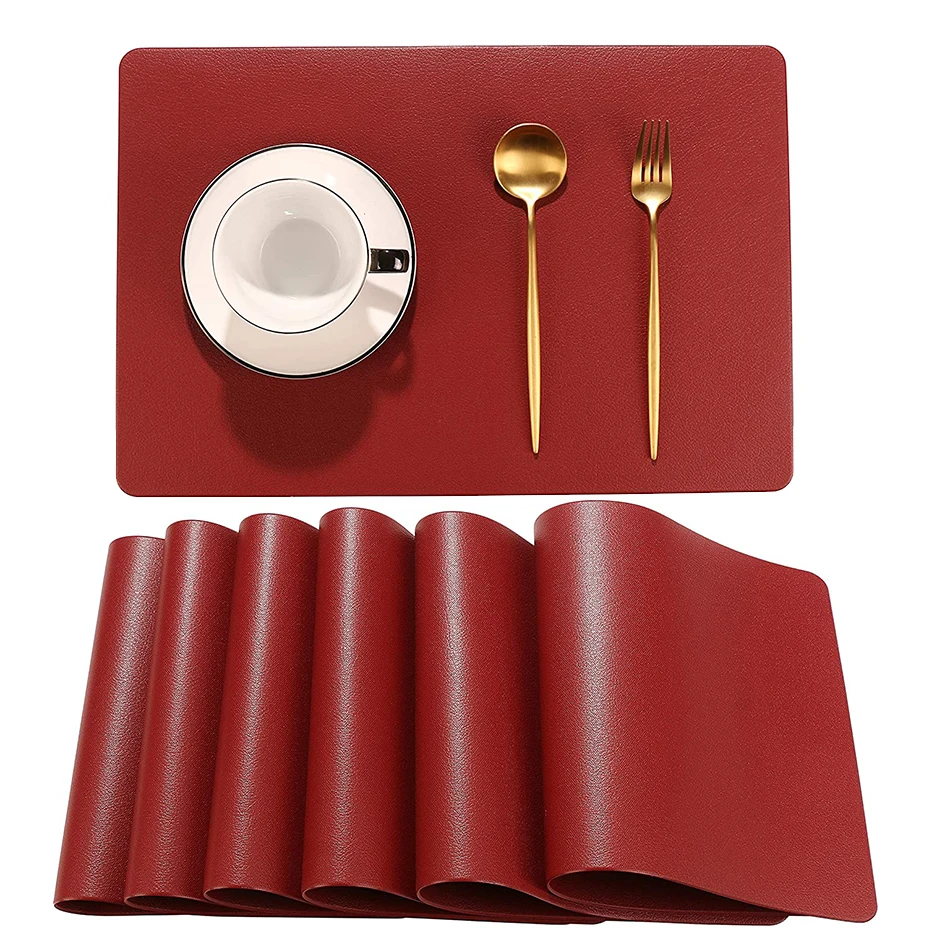 Placemats PU Leather Heat Resistant Washable for Dining Table Mats Non-Slip Stain Family Kitchen Tableware Red Black