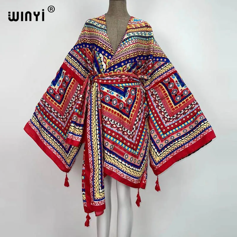 2021 WINYI neue Baumwolle Bikini Süße Dame Rosa Boho Druck Selbst Belted Vorne Offen Lange Kimono Kleid Strand Tunika Frauen wrap Kleider