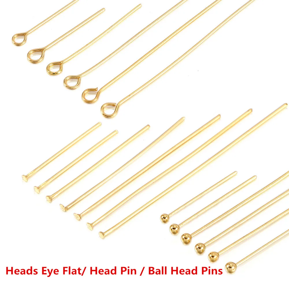 15mm-70mm Stainless Steel Heads Eye Flat Head Pin Gold Plated Ball Head Pins For Jewelry Findings Making Accessories 50-100Pcs