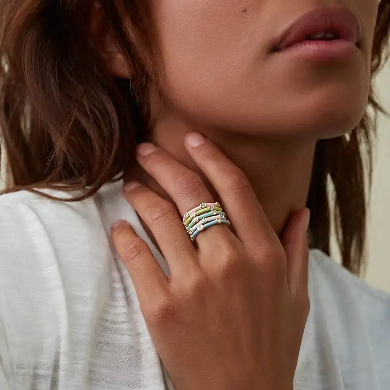 CZ Stacking Band Ring Gold Color Pastel Enamel Sparking Cubic Zirconia Eternty Rings