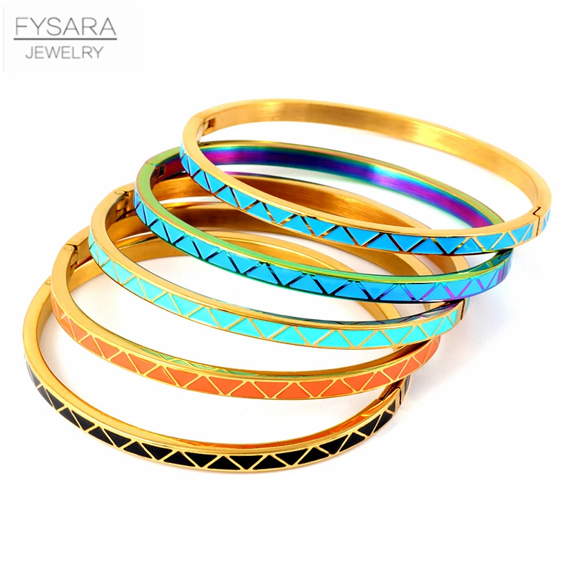 FYSARA Triangle Pattern Bangles For Women Stainless Steel Gold Thin Bangles Bracelets Orange Blue Colour Enamel Jewelry