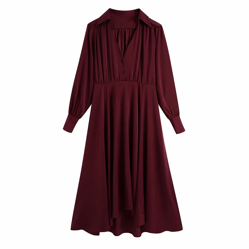 Evfer Women Fashion Autumn Za Satin Feeling Red Midi Dresses Ladies Elegant Long Sleeve VNeck High Waist Pleated Long Dress Chic