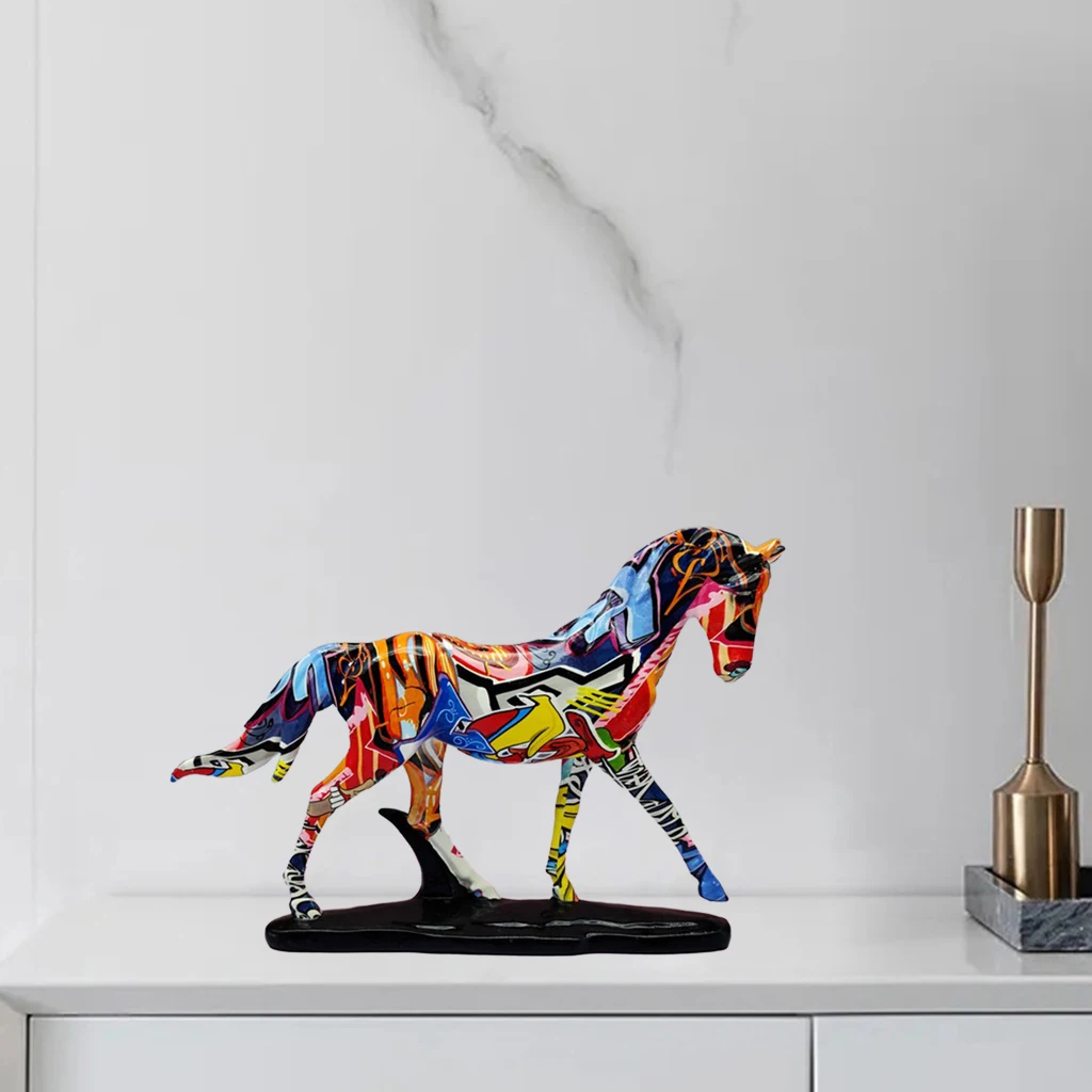 3D Graffiti Horse Figurine Store Shopwindow Display Sculpture  Home Office Desk Good Fortune Feng Shui Statue Collections Craft