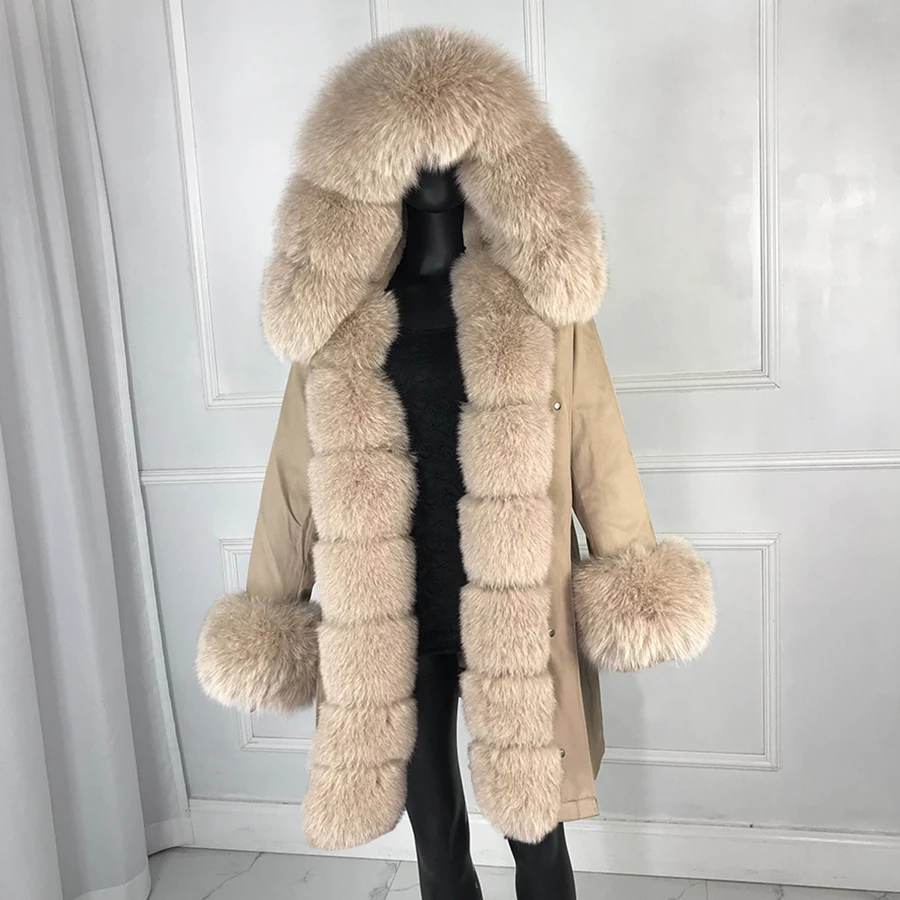 Real Fur Parkas Women Real Rabbit Fur Lined Parkas With Fox Fur Hood Cuffs Winter Long Warm Clothes