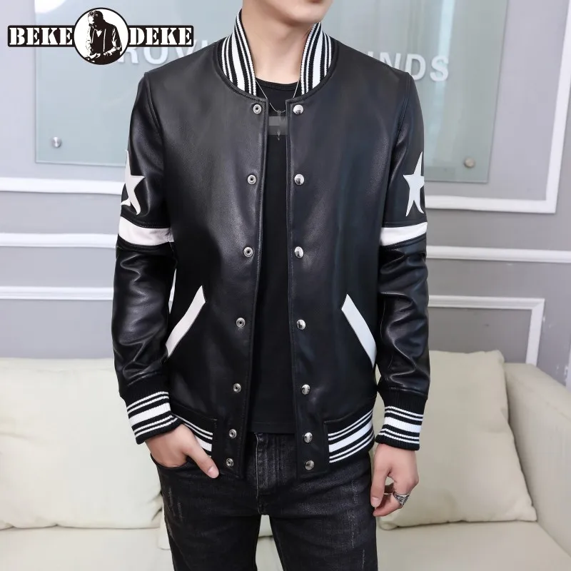 High Street Casual Leather Jacket Men Stand Collar 100% Sheepskin Bomber Jackets Male High Quality Mens Genuine Leather Jacket