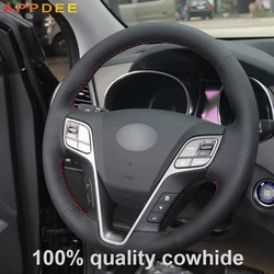 Black Genuine Leather steering wheel cover Artificial Leather for HYUNDAI Santa Fe 2013 Grand ix45 Accessories interior