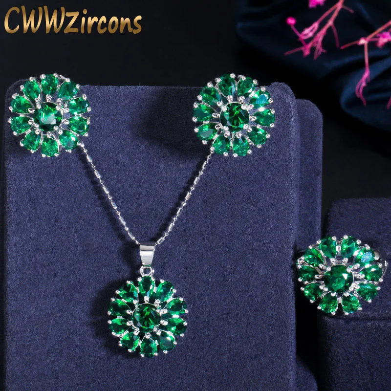 

CWWZircons Classc Green Crystal Flower Pendant Necklace Earring and Ring Sets for Women Fashion Brand Cosutme Jewelry Set T269