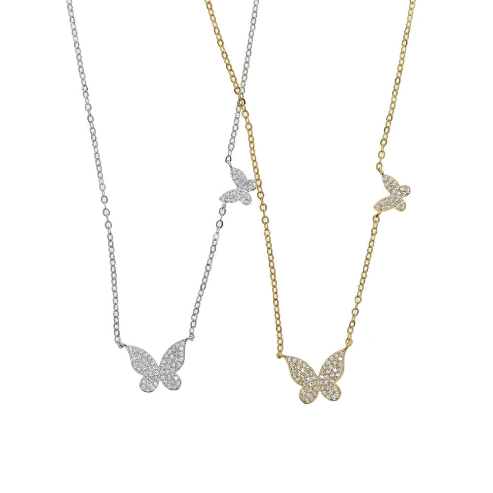 2025 Summer Fashion New Gold Color Micro Pave Clear Cubic Zirconia CZ Cute Lovely 2PC Butterfly Charm Women Trendy Necklace