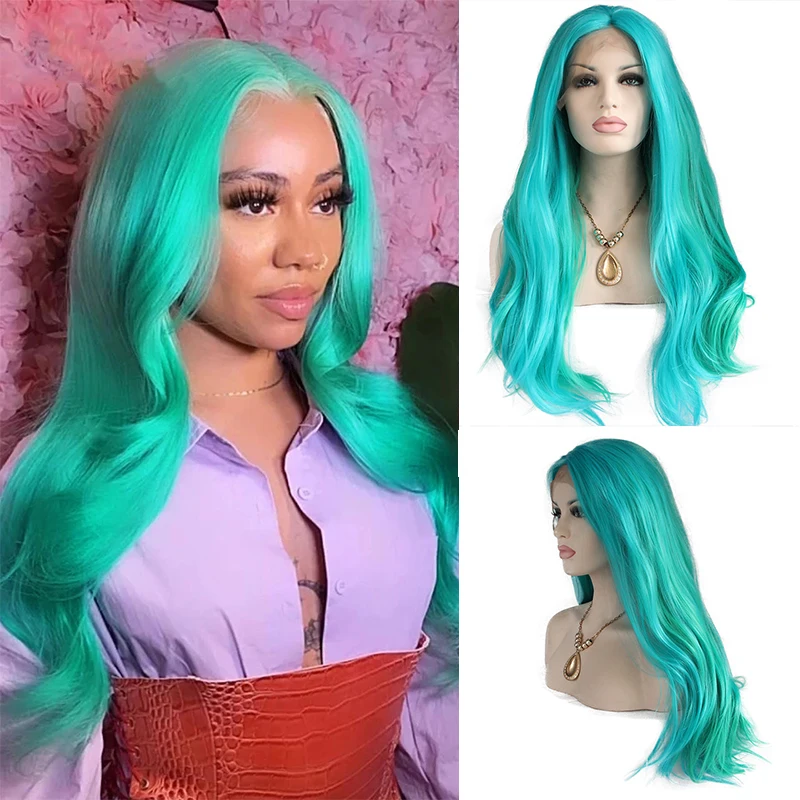 Blue Mixed Green Wig for Women Long Natural Straight Curly Wavy Hair Wig Synthetic Lace Front Wigs Middle Parting Fiber Hair