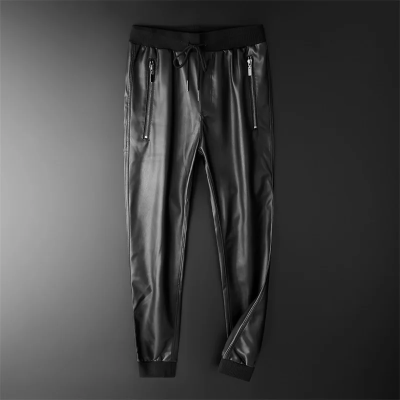 Thoshine Brand Men Leather Pants Superior Quality Elastic Waist Jogger Pants Zipper Pockets Male Faux Leather Trousers Slim Fit